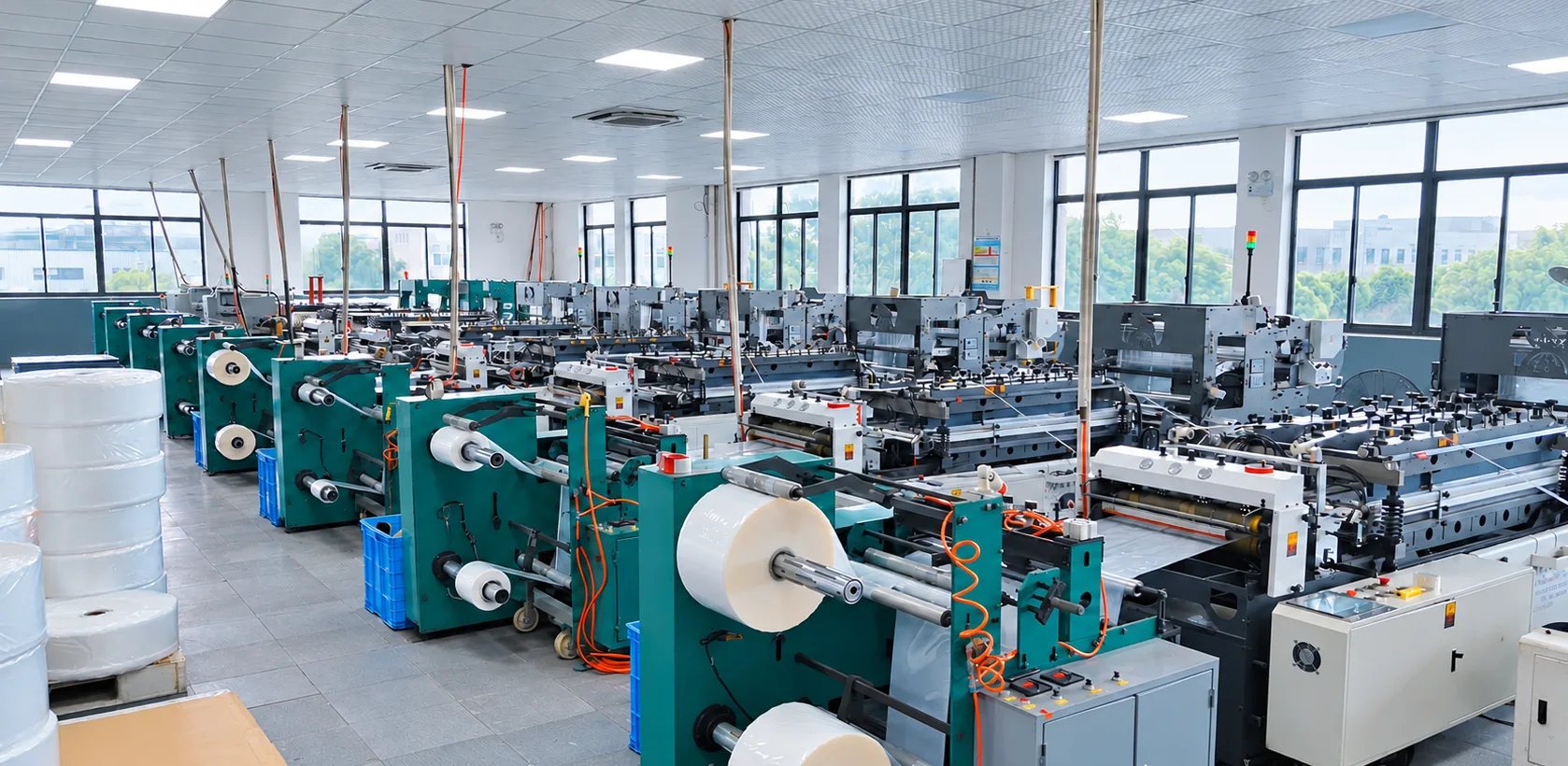 Renature bag-making hall with film rolls and automatic bag making lines