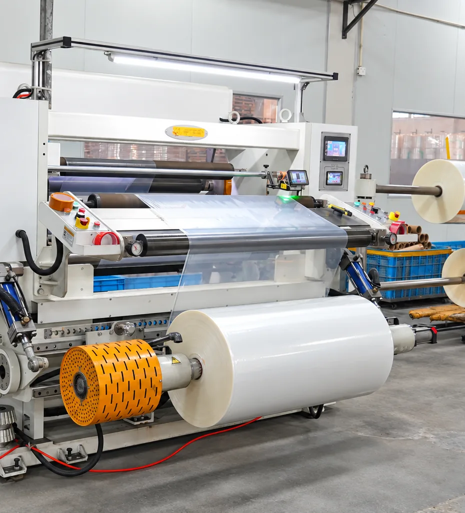 Slitting line rewinding a transparent high-barrier film into finished rolls