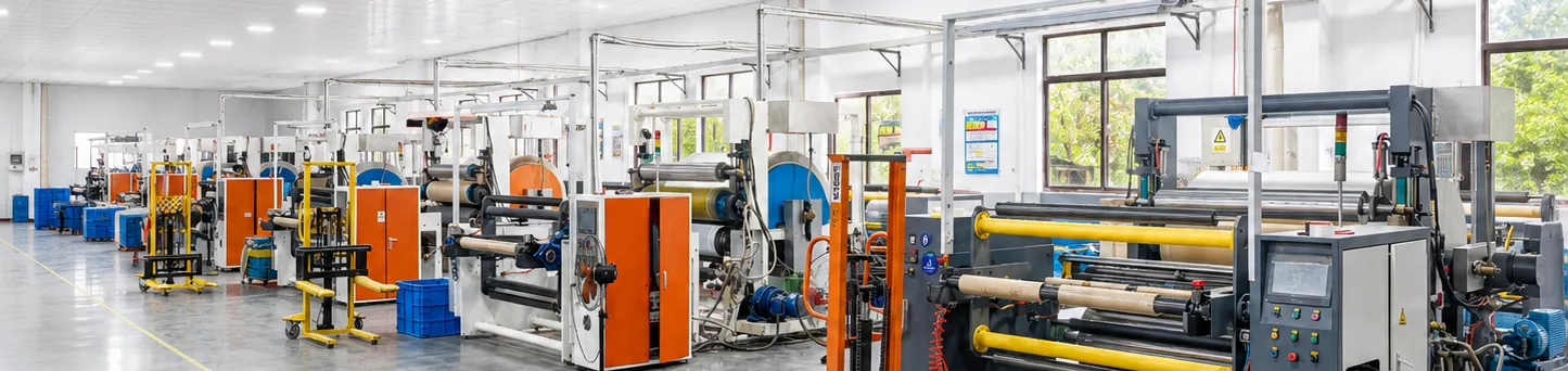 Converting hall with lamination, embossing and slitting machines