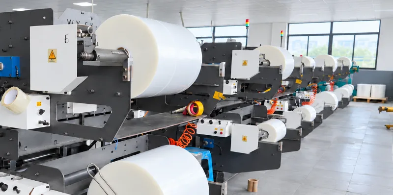 Rolls of high-barrier food packaging film on the winders