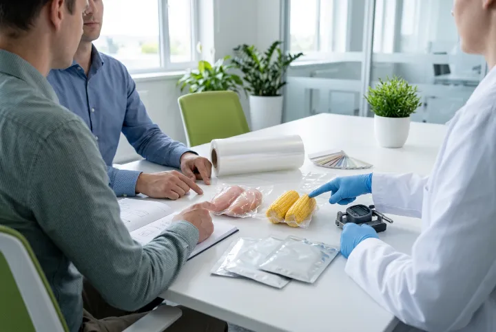 Renature team reviewing vacuum bag samples with a customer