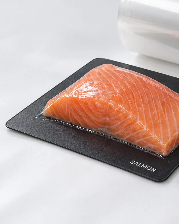 Salmon fillet in a vacuum skin pack next to a roll of skin film