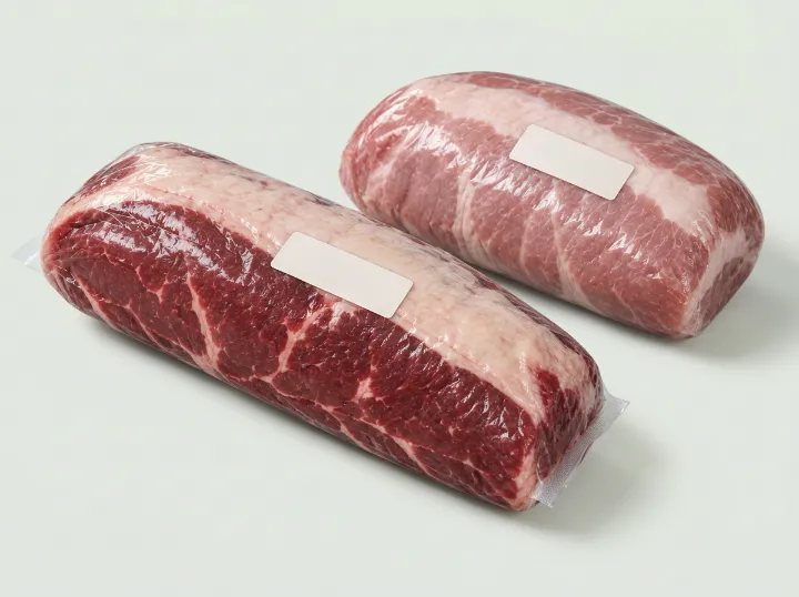Beef cuts packed in heat shrink bags