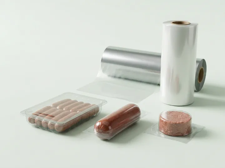 Sausages and meat in thermoformed packs with film rolls