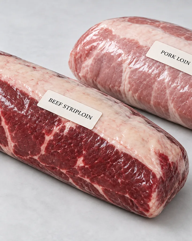 Beef striploin and pork loin in close-fitting heat shrink bags