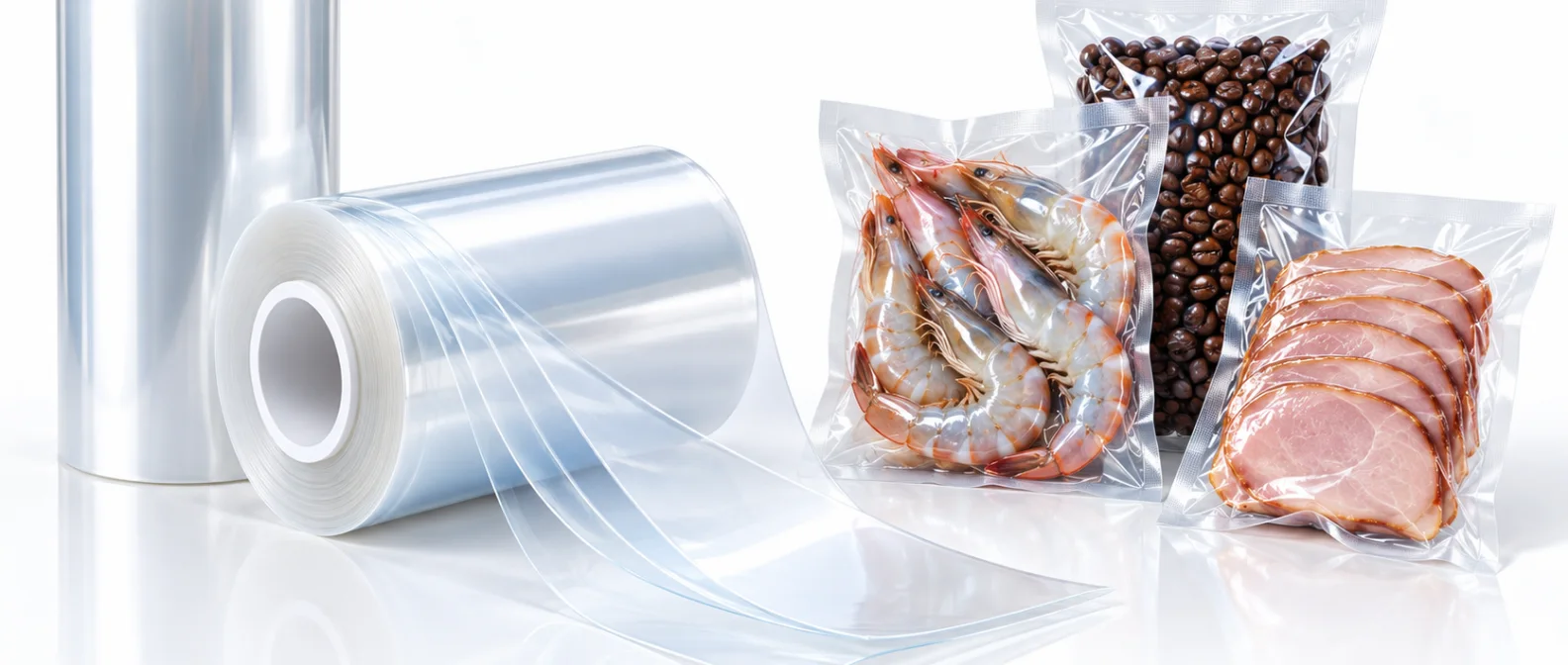 Rolls of clear co-extruded film beside vacuum packs of prawns, coffee beans and sliced ham