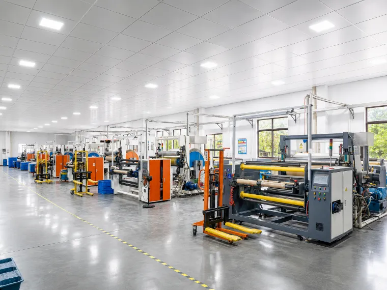 Embossing workshop with embossing and rewinding machines