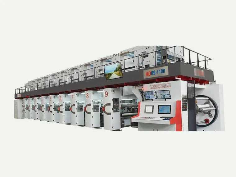 HD09-1100 gravure printing press with its numbered print units, unwind stand and control console