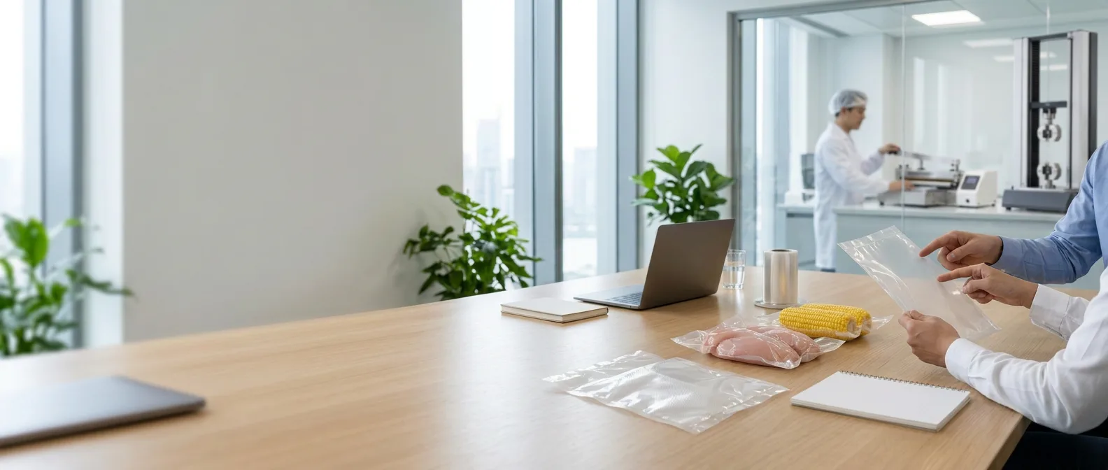 Packaging engineer and customer reviewing vacuum bag and film samples in a meeting room