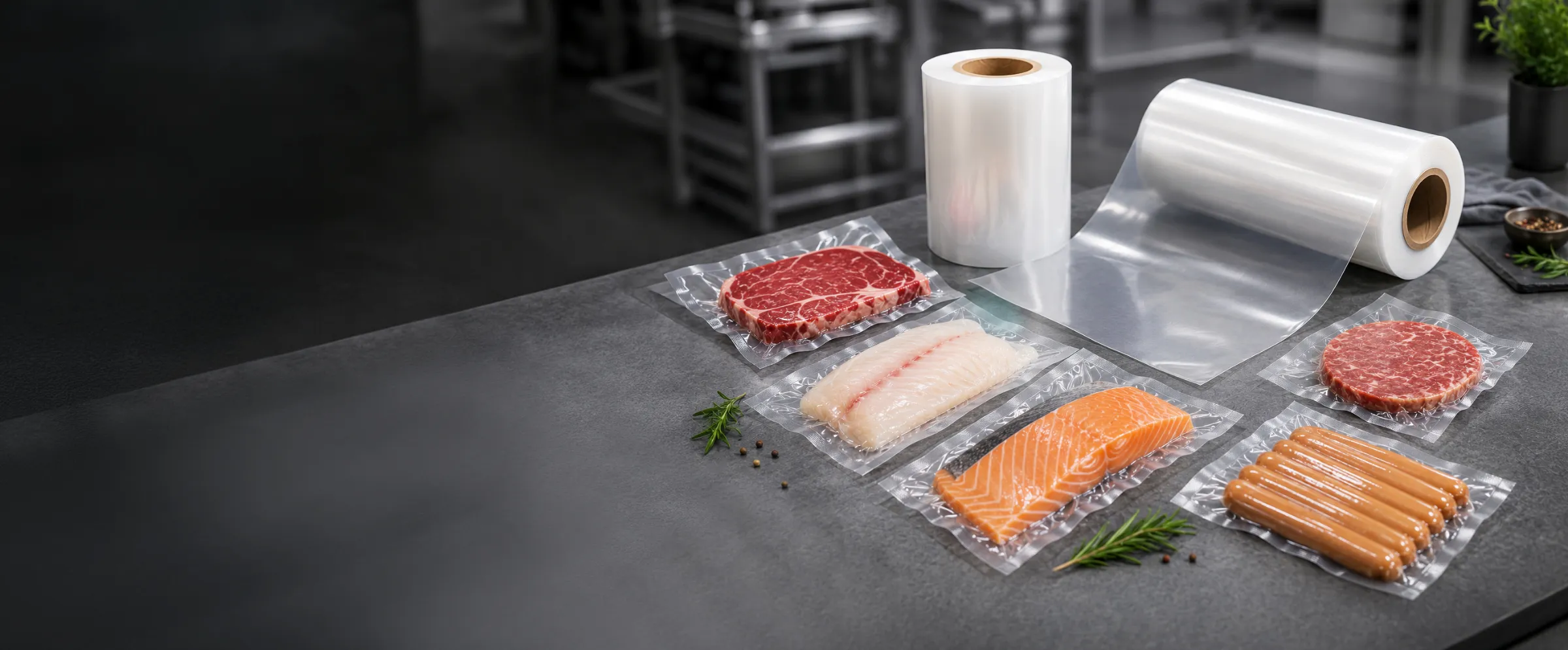 PA-EVOH-PE thermoforming film rolls and vacuum packed beef, fish, salmon and sausages on a dark kitchen table