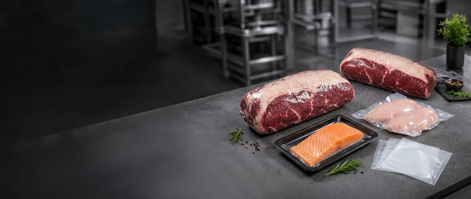 Beef cuts in heat shrink bags, chicken in a vacuum bag and a skin-packed salmon tray on a dark kitchen table