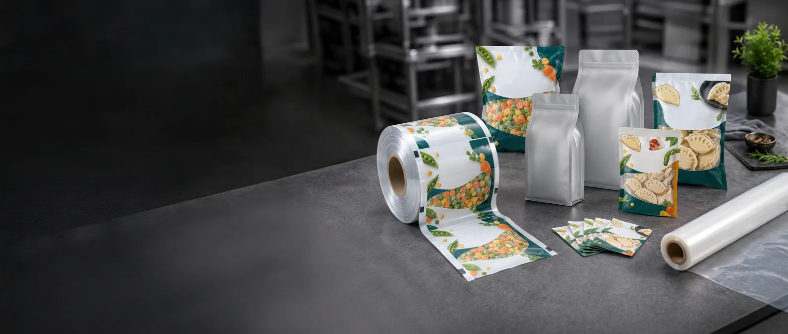 Printed packaging rollstock, stand-up pouches and film samples on a dark kitchen table