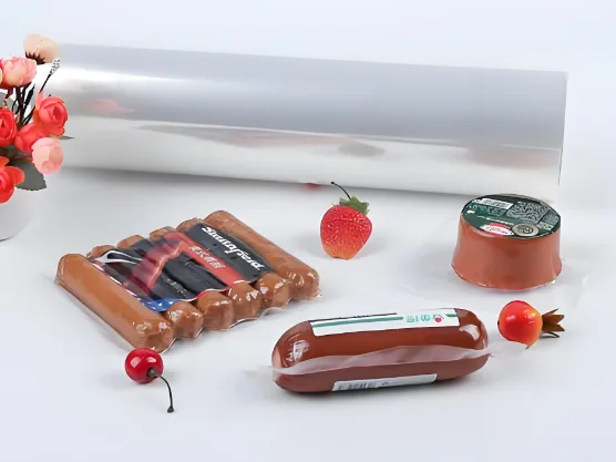 Sausage pack in high barrier thermoforming film next to a film roll