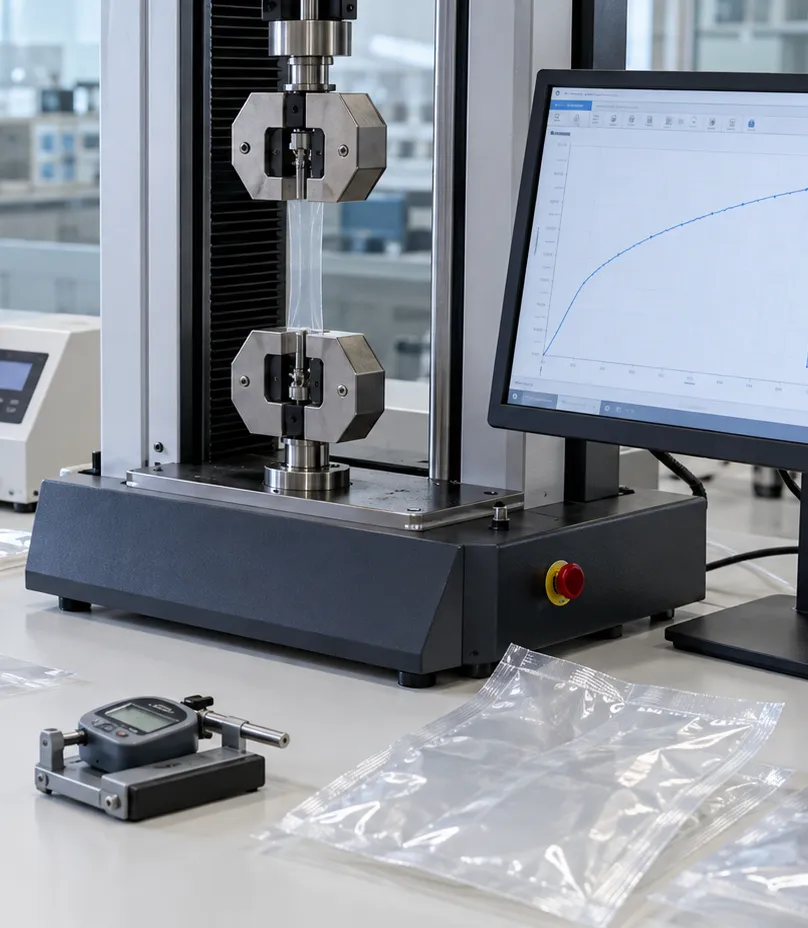 Tensile tester measuring a packaging film sample in the in-house lab