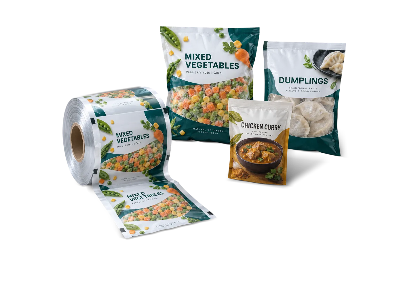 Custom printed rollstock film and pouches for frozen vegetables, dumplings and chicken curry