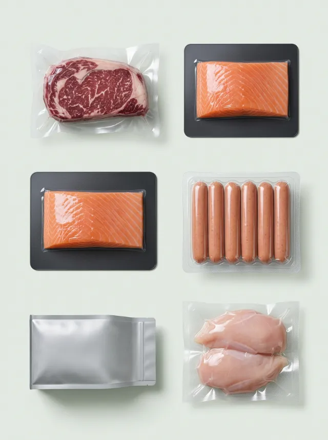 Finished packs side by side: vacuum pouch, skin packs, thermoformed pack and composite pouch