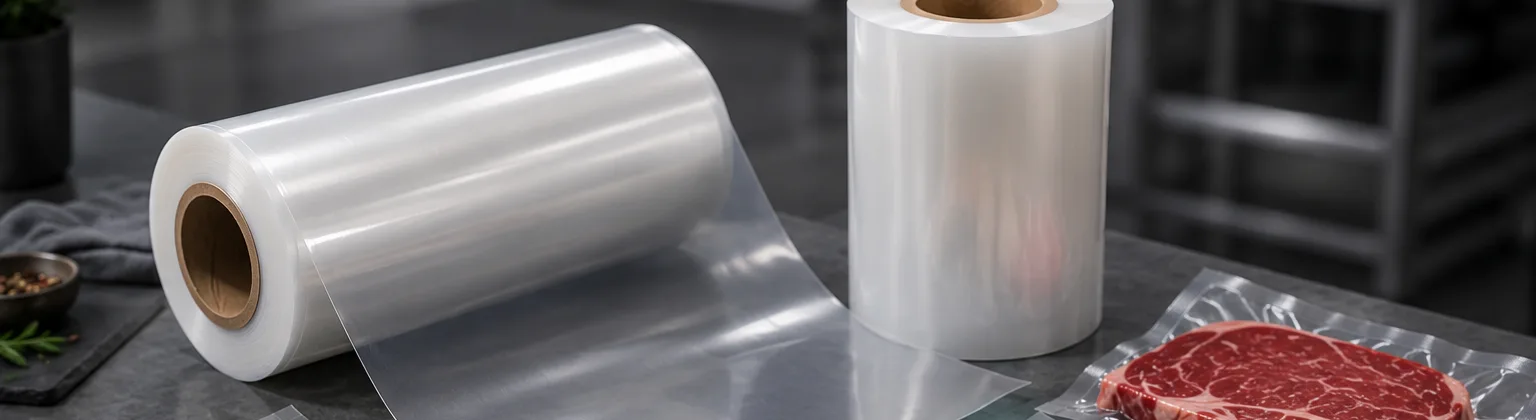 Rolls of transparent barrier film and a vacuum-packed beef steak on a stainless steel counter