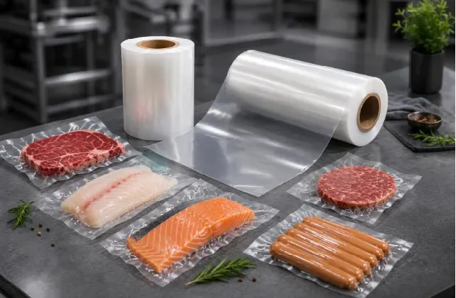Renature product catalogue cover: vacuum packed meat, fish and film rolls