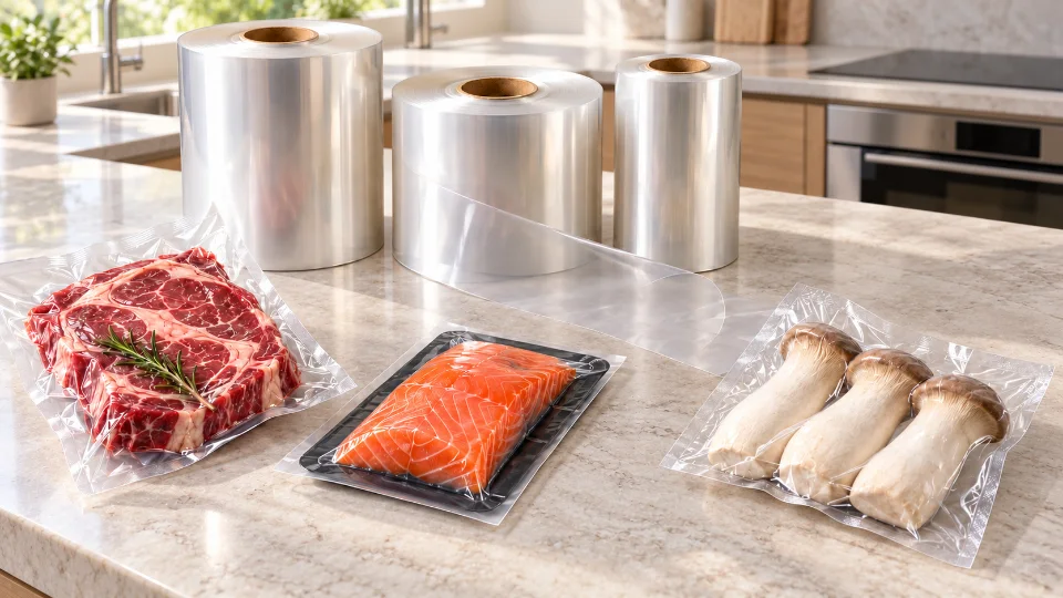 Rolls of food packaging film with vacuum-packed beef, salmon and mushrooms on a kitchen counter