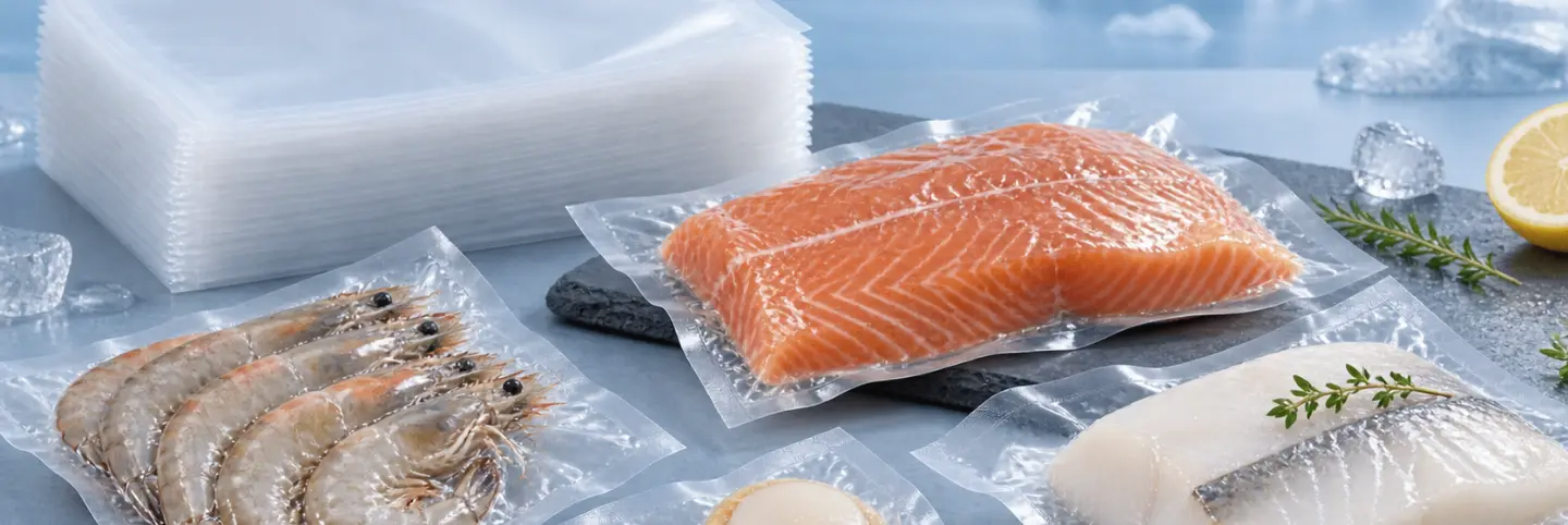 Vacuum-packed prawns, salmon, scallops and white fish next to a stack of empty vacuum bags