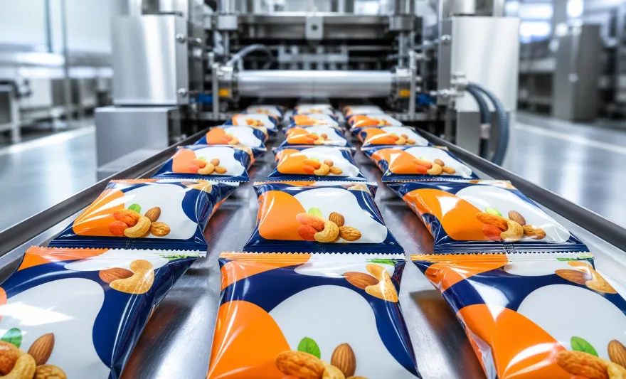Flow-wrapped snack packs running off an automatic packaging machine