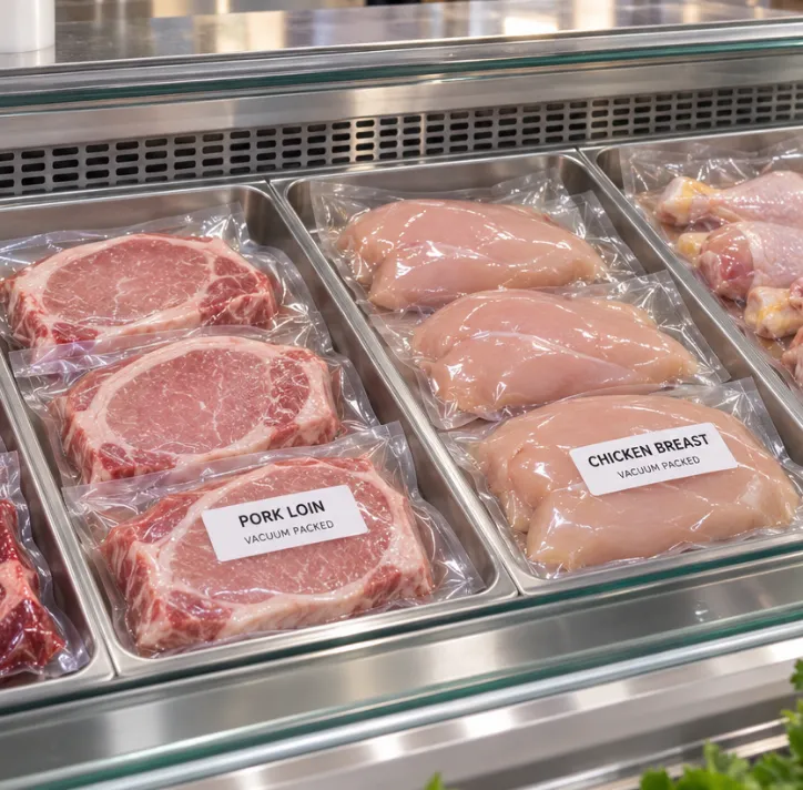 Vacuum packed meat trays in a refrigerated display case
