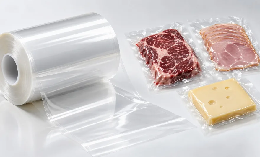 Roll of clear multilayer co-extruded film with vacuum packed beef, ham and cheese