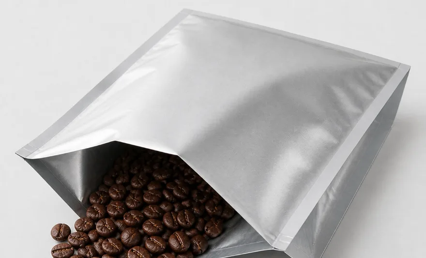 Open silver laminated composite bag with roasted coffee beans