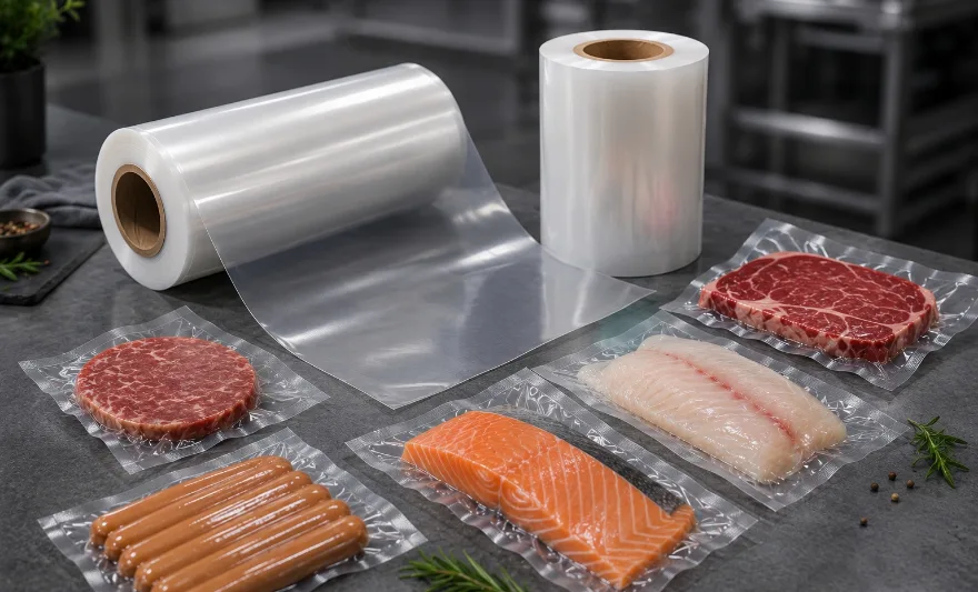 Thermoforming film rolls with vacuum packed beef, salmon, white fish and sausages