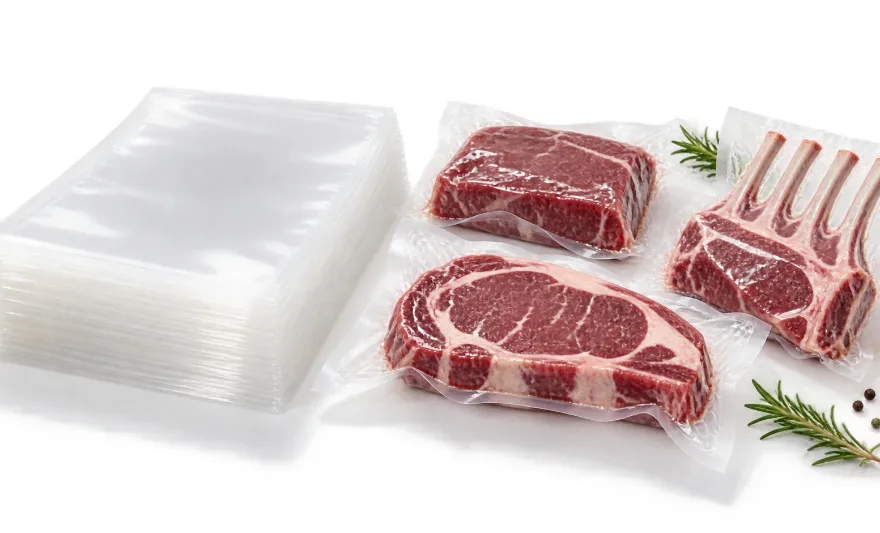Stack of high-barrier vacuum bags next to vacuum packed beef steaks and a rack of lamb