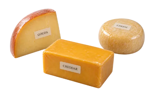 Cheese blocks and wheels in vacuum packaging