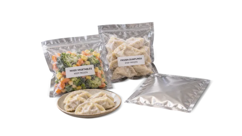 Frozen vegetables and dumplings in printed bags