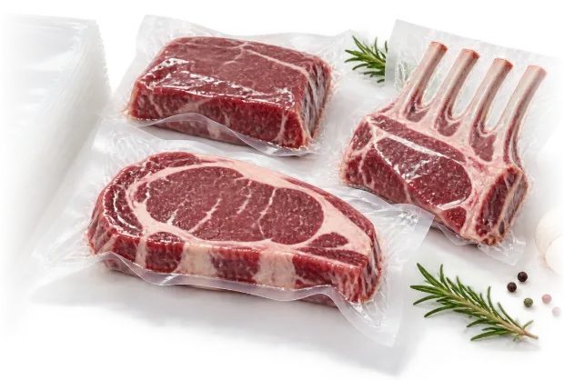 Ribeye steaks and a lamb rack vacuum packed in clear high-barrier bags, with a stack of empty bags and fresh rosemary